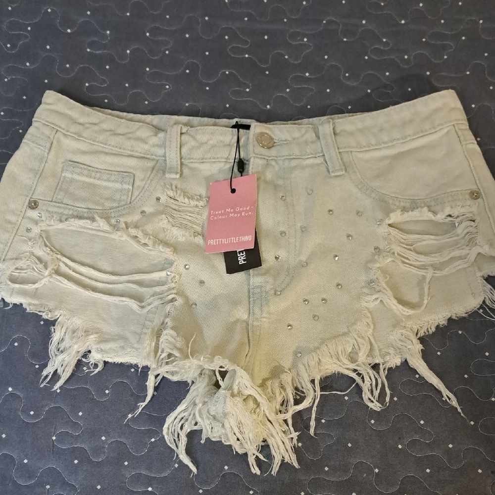 PrettyLittleThing Light Denim Rhinestone Shorts